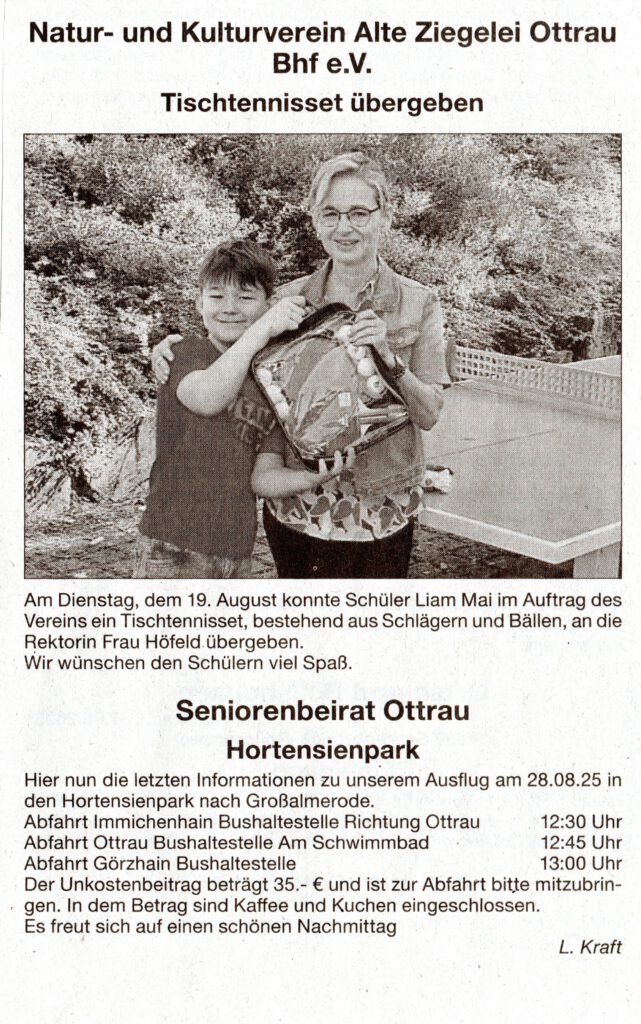 Spende an Ottrauer Grundschule; Hier steht seit Jahren eine Tischtennisplatte aber die Kinder können nicht spielen, da es an der Ausrüstung fehlt.... Der Natur und Kulturverein Ottrau Bhf hat kurzer Hand ein Tischtennisschläger-Set gespendet. Kleine Ausgabe aber die Kids sind glücklich